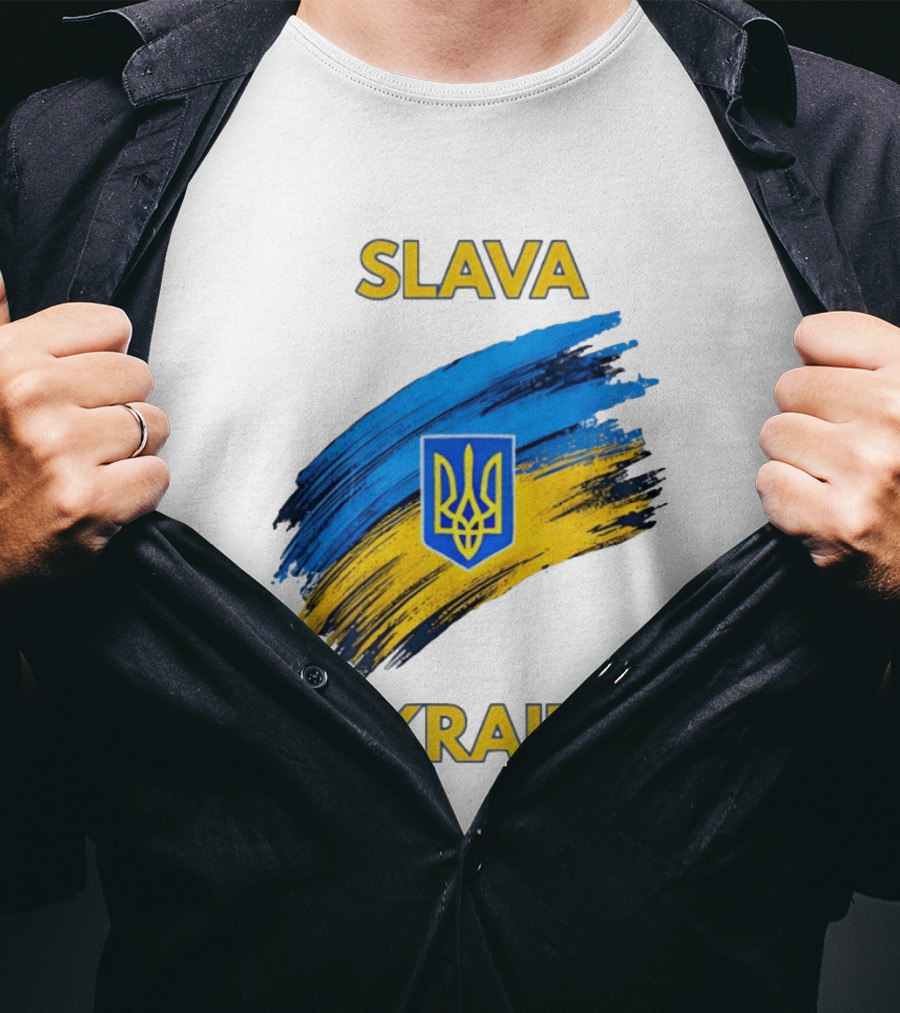 Slava Ukraini Emblem With Blue And Yellow Brush Strokes T-Shirt