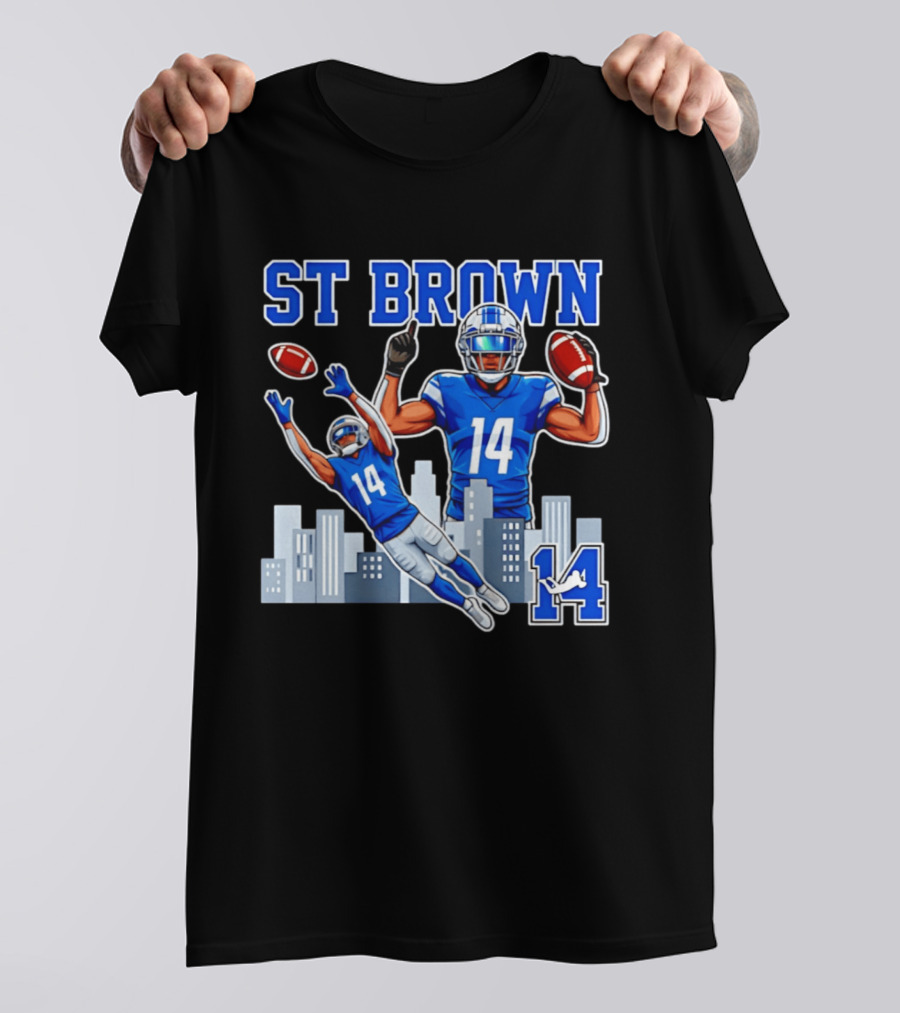 ST Brown 14 Detroit Lions Football City Skyline T-Shirt
