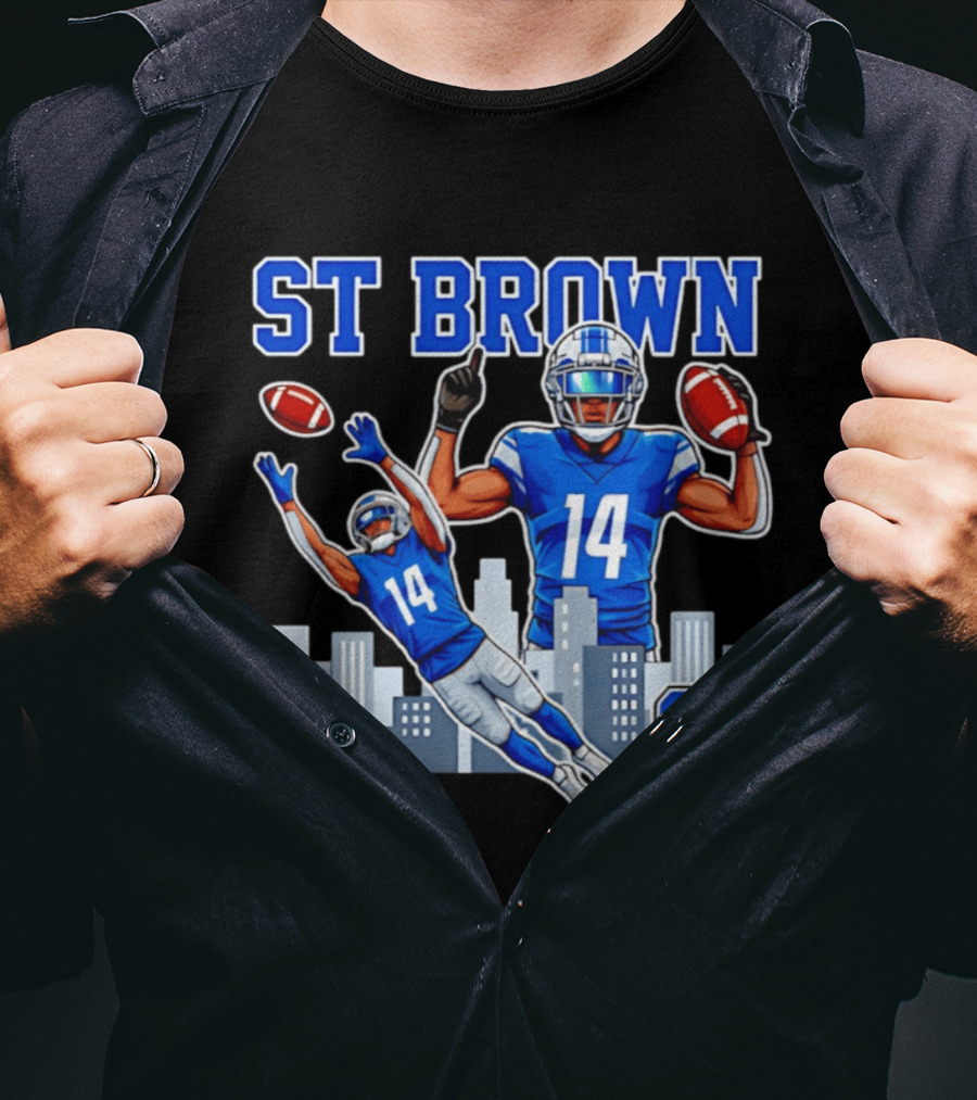 ST Brown 14 Detroit Lions Football City Skyline T-Shirt