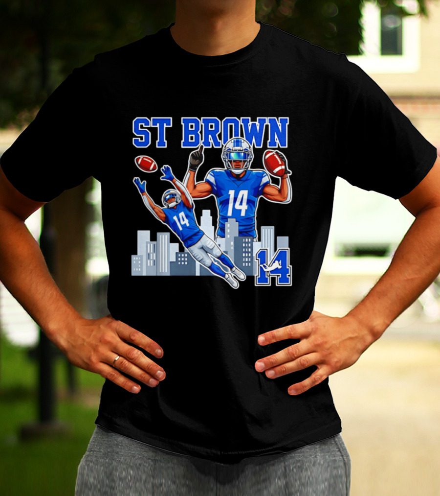ST Brown 14 Detroit Lions Football City Skyline T-Shirt