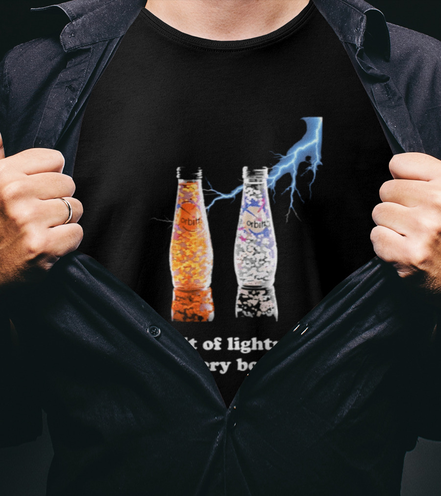 Orbitz A Bolt Of Lightning In Every Bottle Drink Bottles With Lightning Blue And Orange T-Shirt