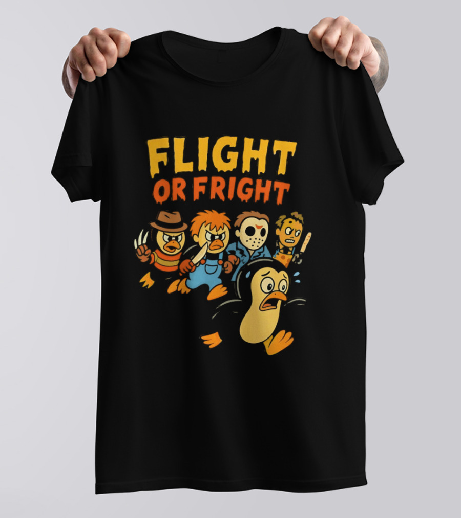 Flight Or Fright Penguin Horror Characters Comedy Mashup T-Shirt