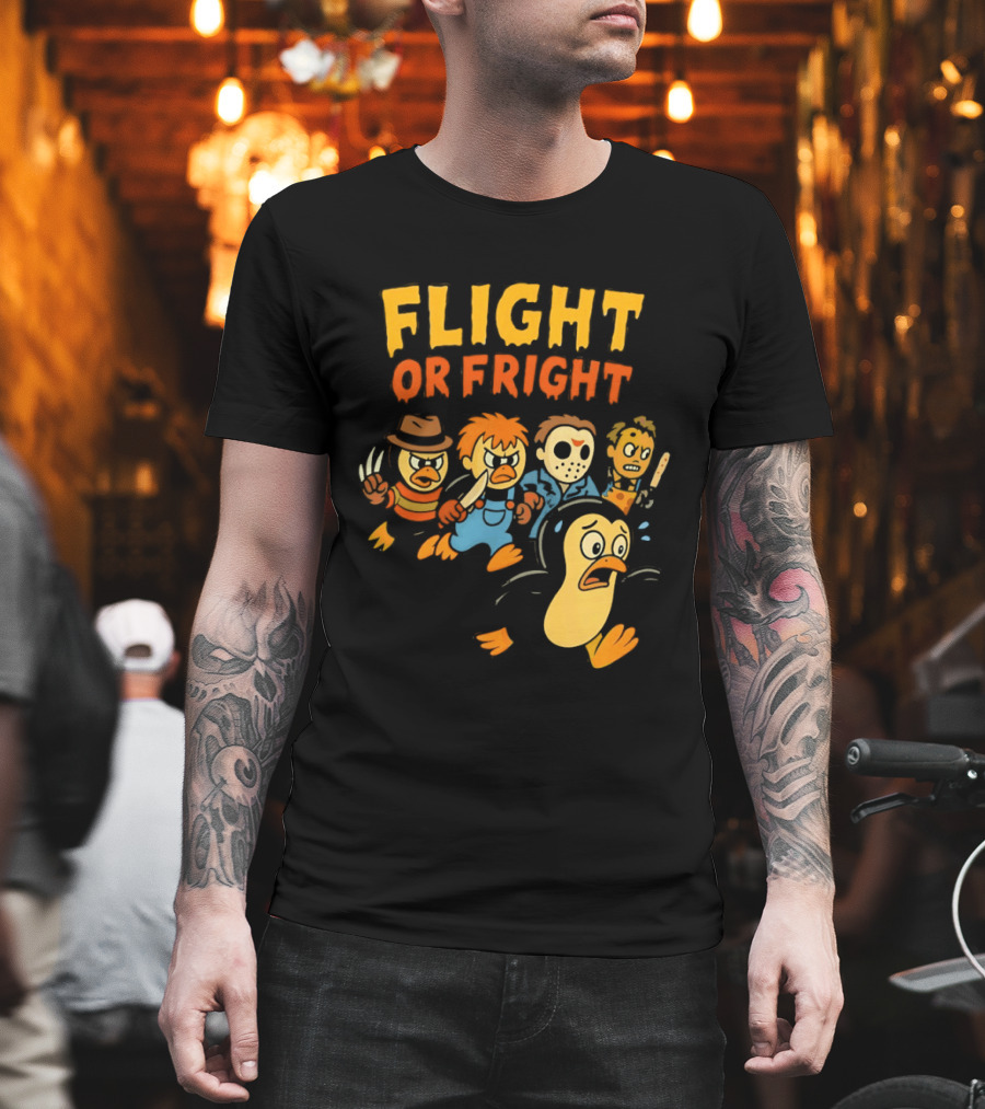 Flight Or Fright Penguin Horror Characters Comedy Mashup T-Shirt