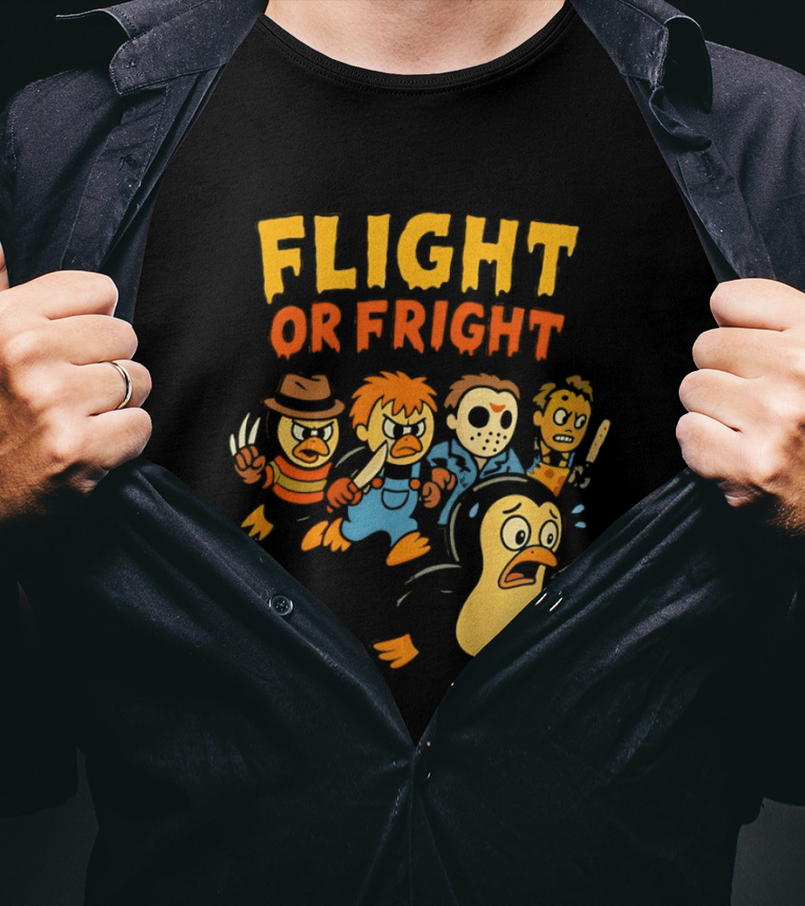 Flight Or Fright Penguin Horror Characters Comedy Mashup T-Shirt