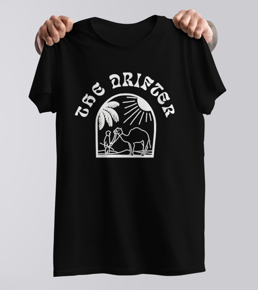 Jackie Quinones The Drifter Man Holding Camel Under Sun And Palm Trees T-Shirt