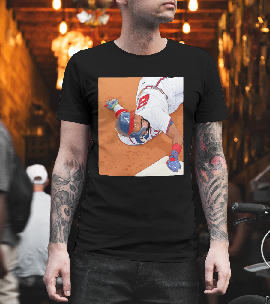 Ronald Acuna Jr Atlanta Braves Outfielder Sliding Baseball Action T-Shirt