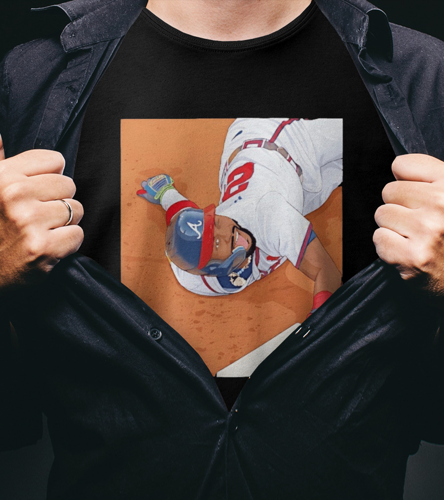 Ronald Acuna Jr Atlanta Braves Outfielder Sliding Baseball Action T-Shirt