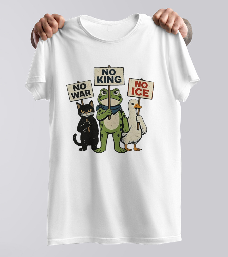 Black Cat Holing No War Frog Holding No King And Goose Holding No ICE Sign T-Shirt