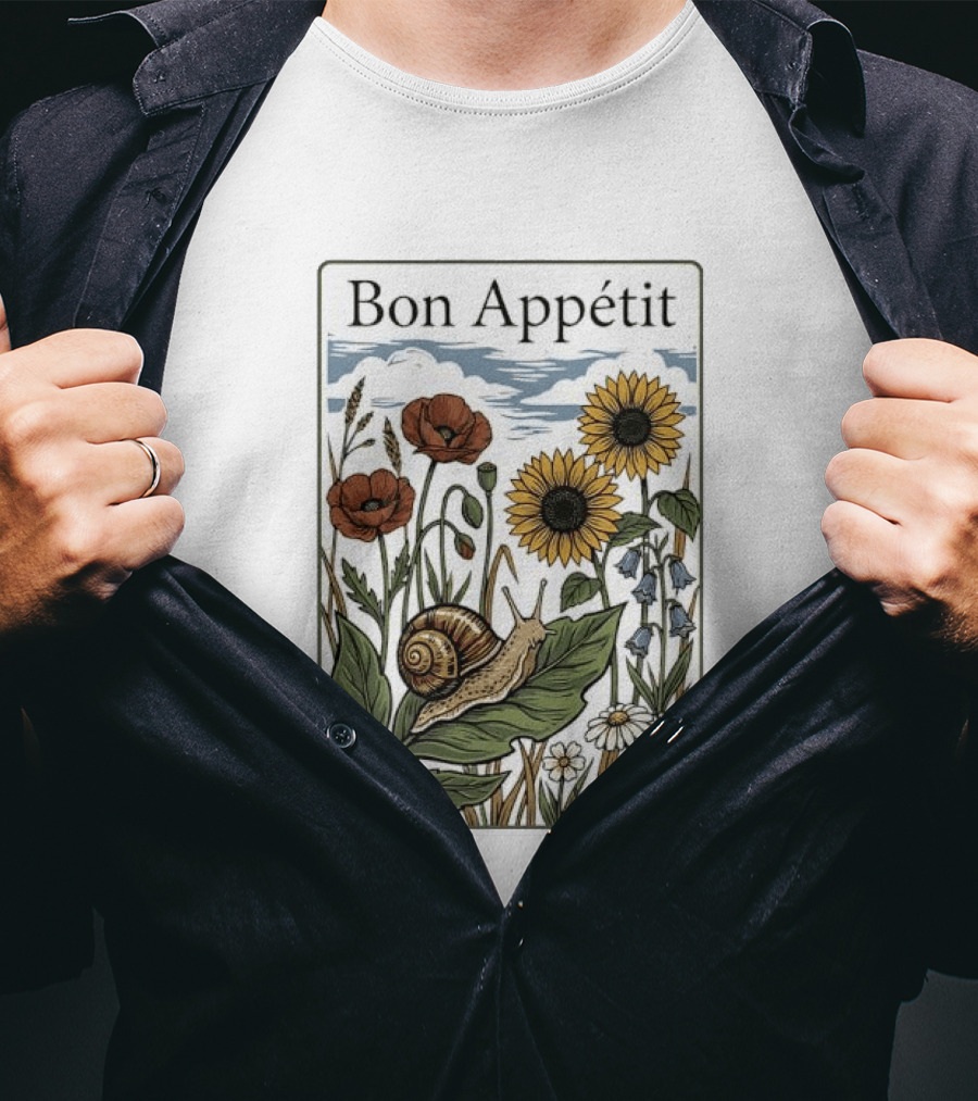 Bon Appétit Floral Snail Sunflowers And Poppies T-Shirt