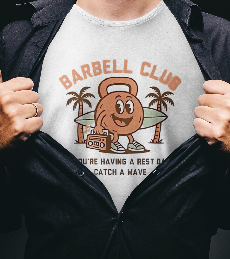 Barbell Club Rest Day Catch A Wave Surfing Palms Retro Kettlebell T-Shirt