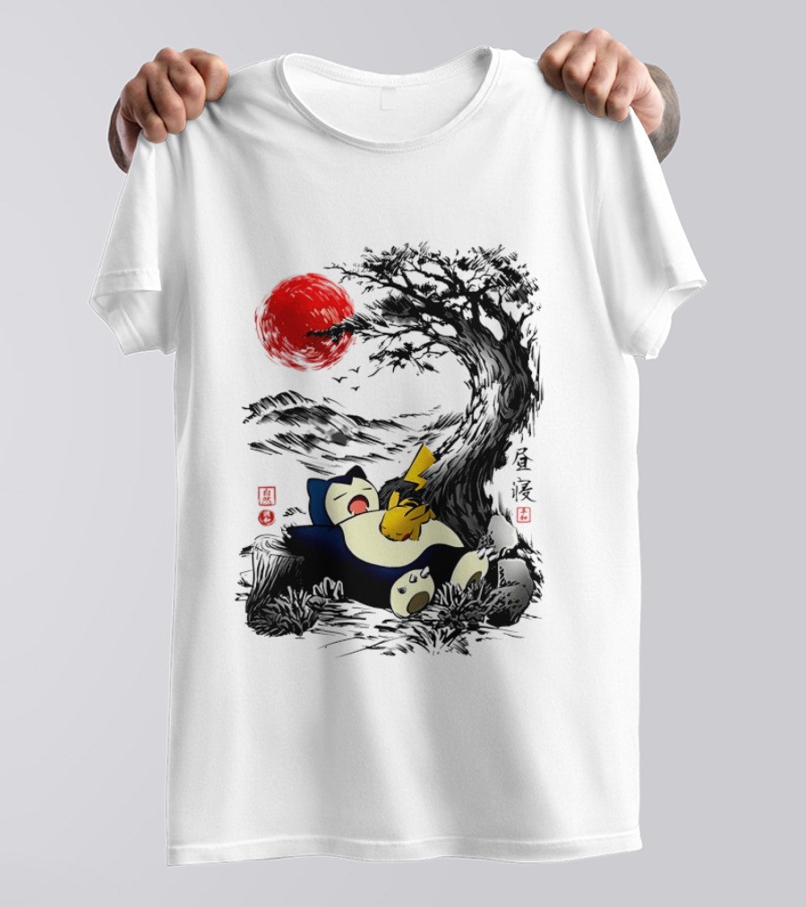 Snorlax Pikachu Napping Under Red Sun Tree T-Shirt
