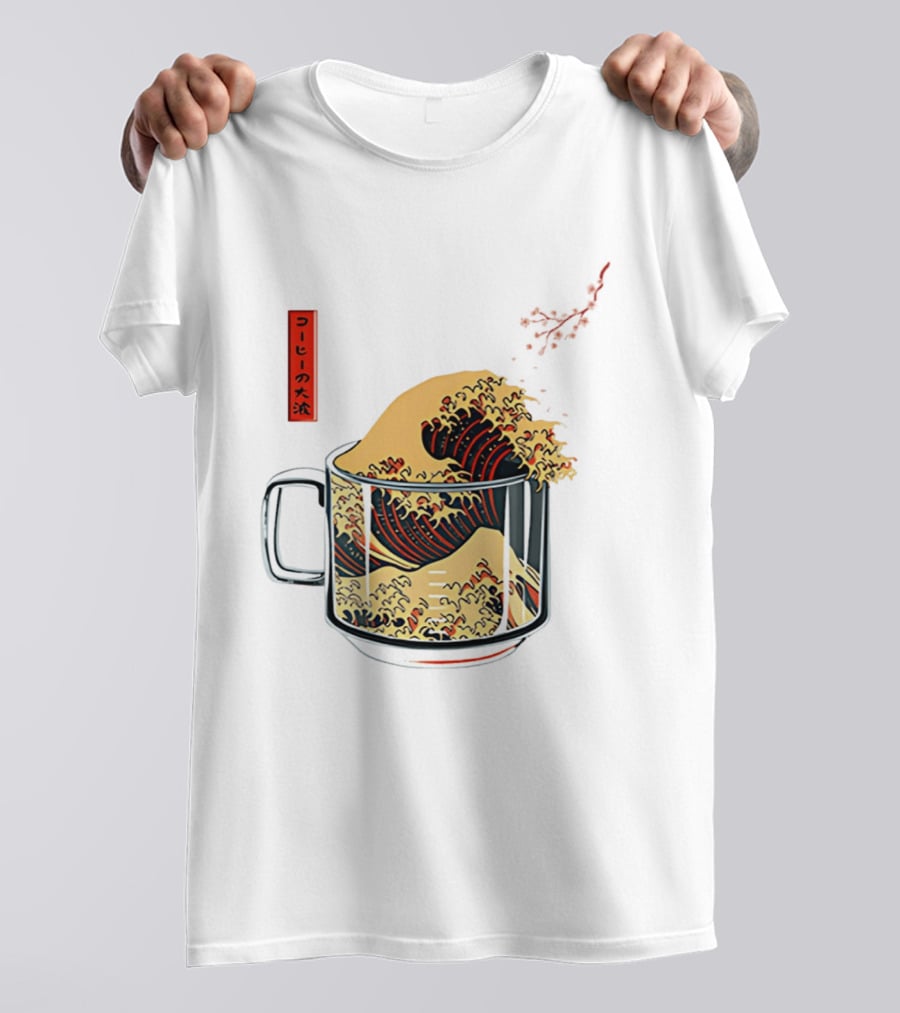 The Great Wave Of Coffee In A Cup With Japanese T-Shirt