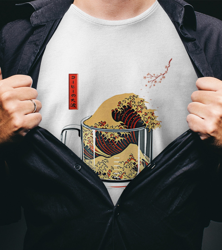 The Great Wave Of Coffee In A Cup With Japanese T-Shirt