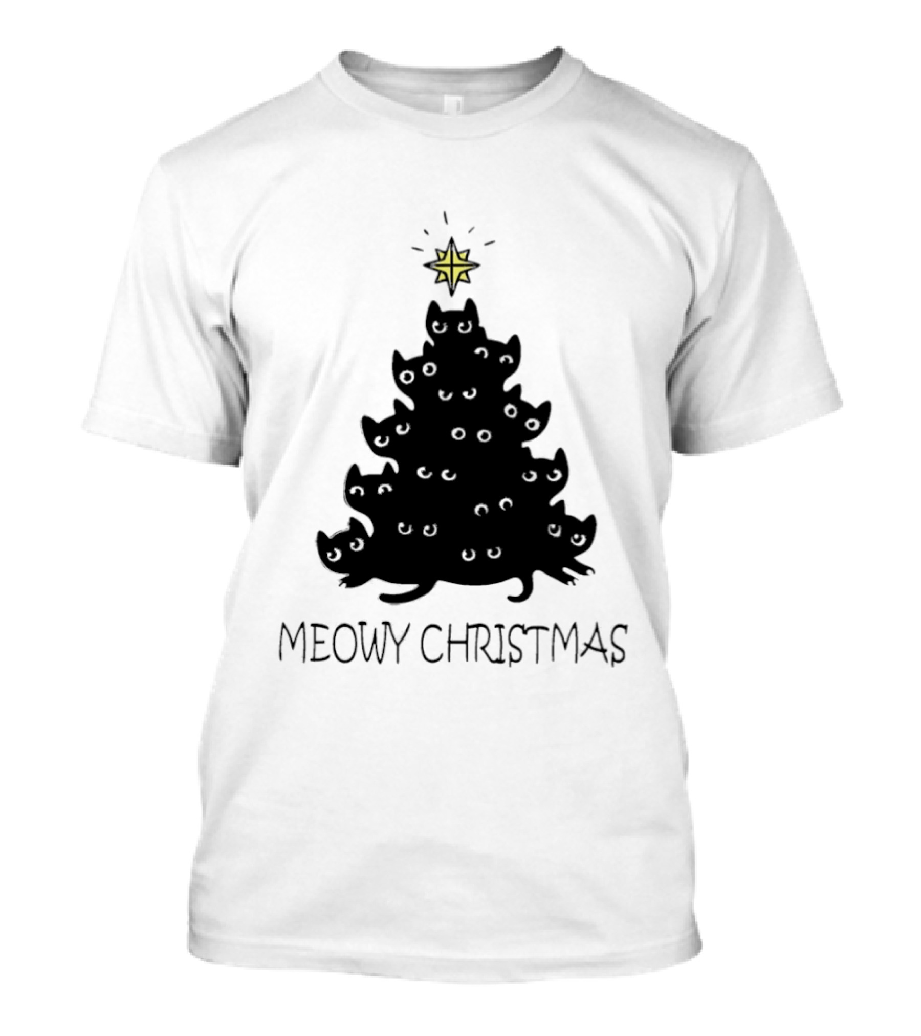 Black Cat Pine Tree Shape Meowy Christmas Star T-Shirt