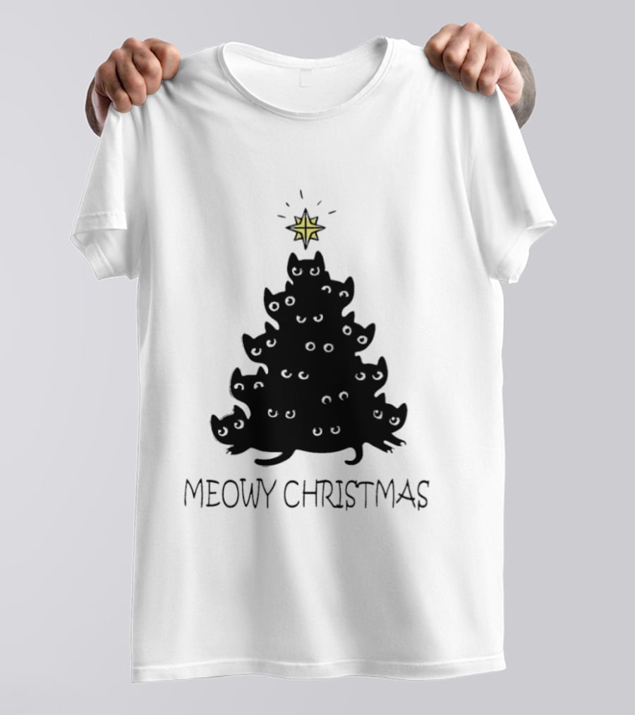 Black Cat Pine Tree Shape Meowy Christmas Star T-Shirt