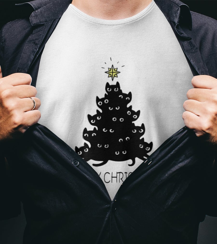 Black Cat Pine Tree Shape Meowy Christmas Star T-Shirt