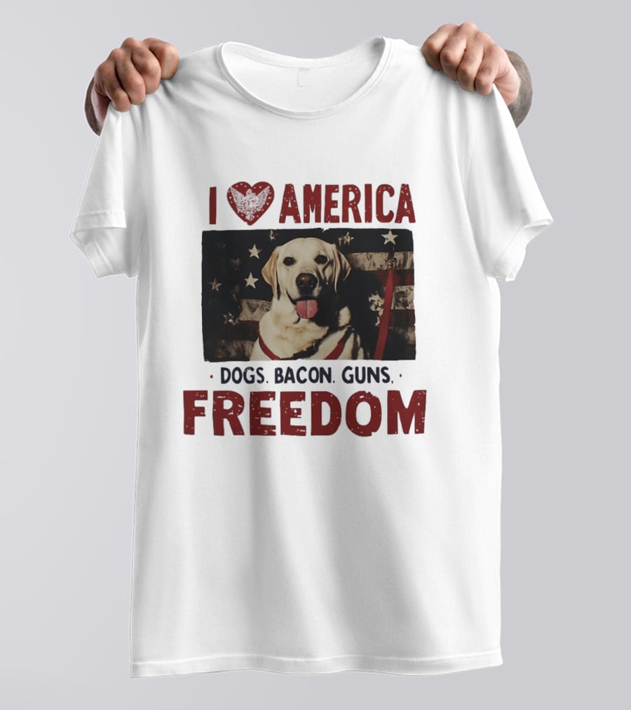 I Love America Dogs Bacon Guns Freedom Labrador Stars And Stripes T-Shirt