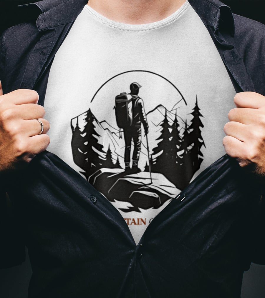 Mountain Climbing Adventure Climber On Cliff Overlooking Mountain And Forest T-Shirt