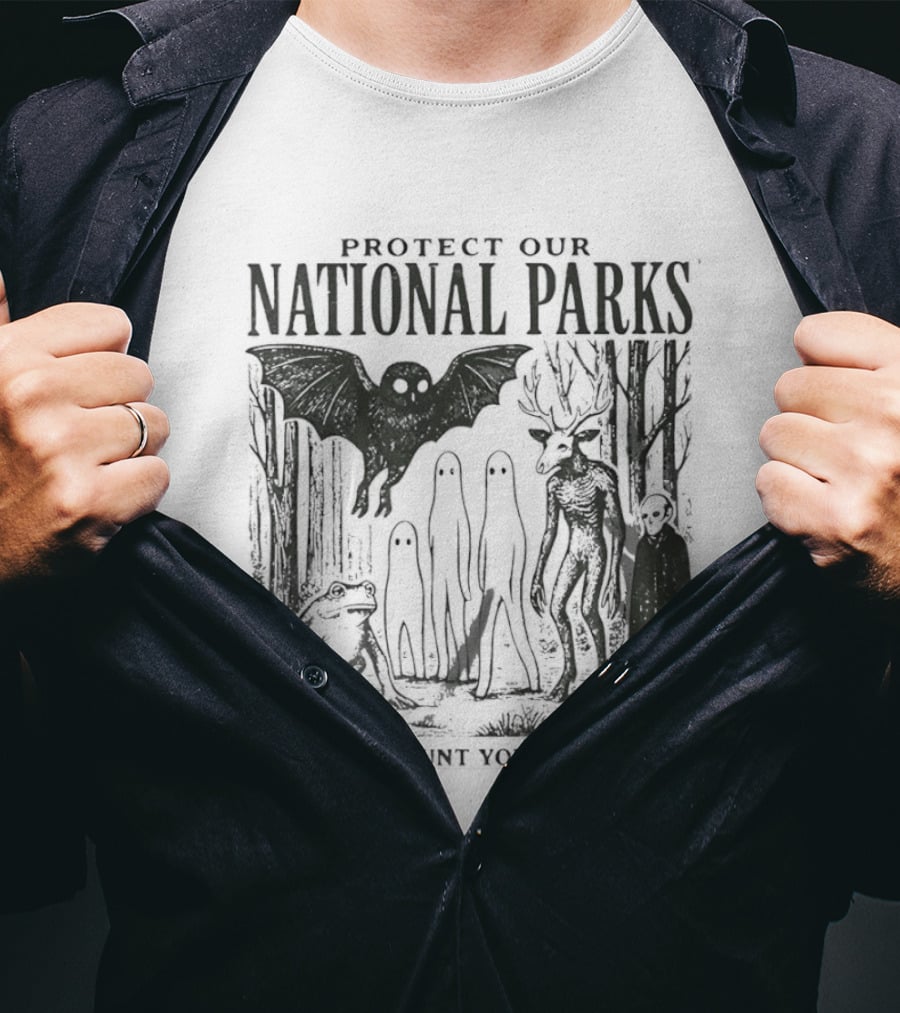 Protect Our National Parks Mothman Bigfoot Ghost Deer Cryptid Horror Characters T-Shirt