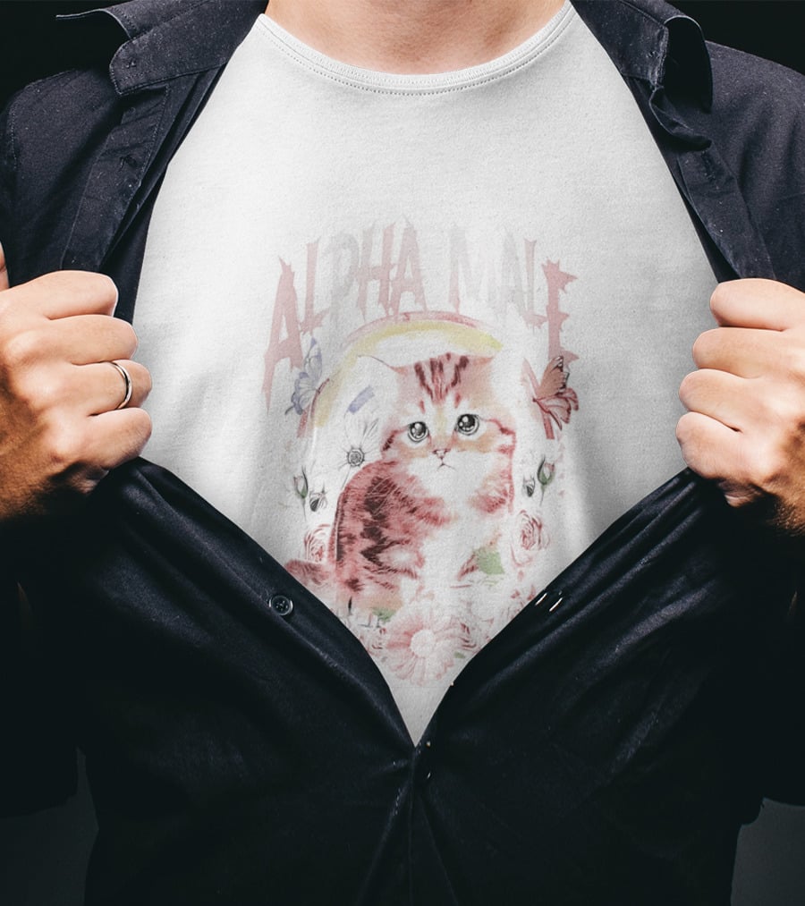Alpha Male Cat With Floral And Butterfly T-Shirt