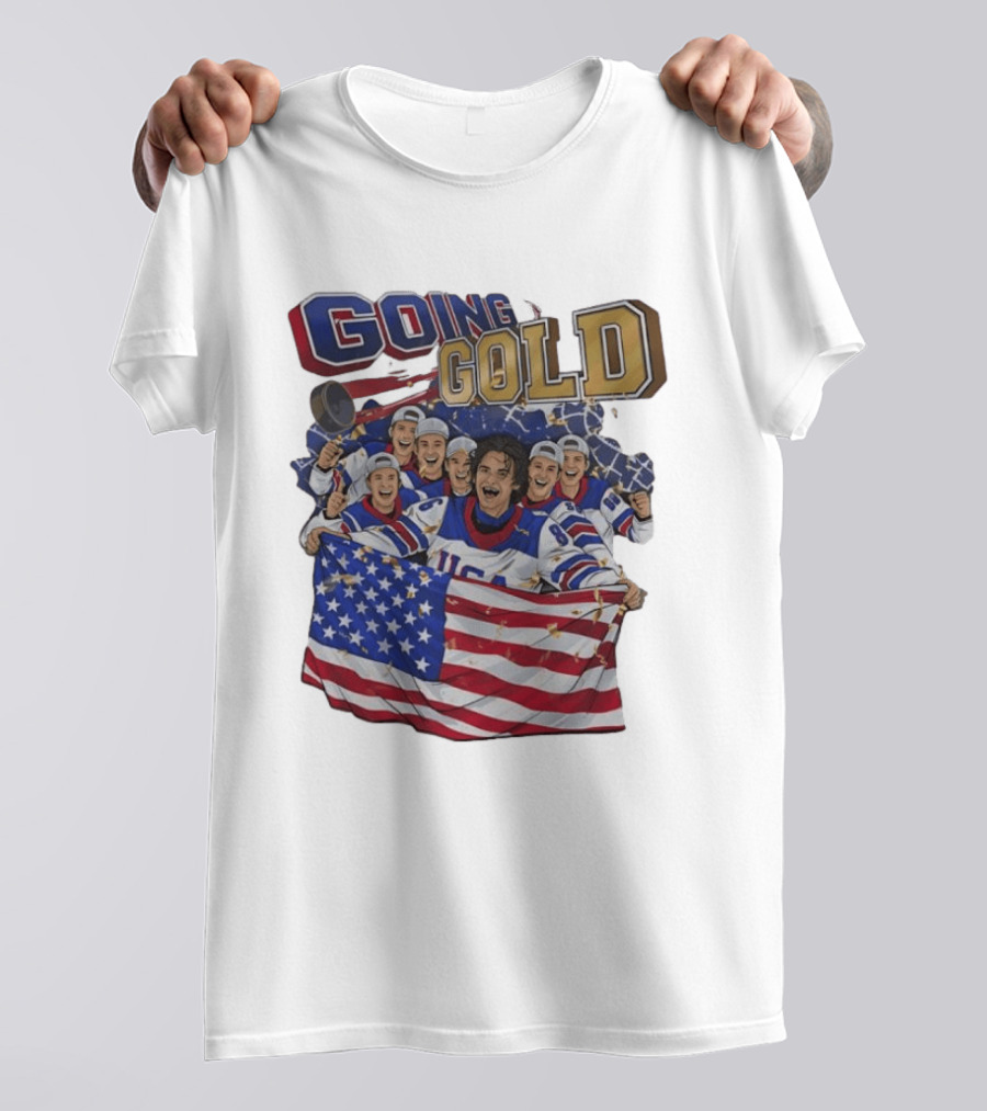 GOING GOLD USA Hockey Team Celebration With Flag T-Shirt