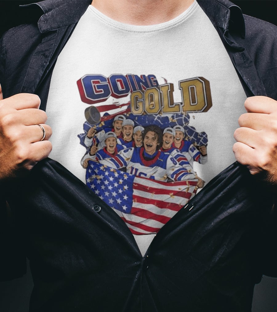 GOING GOLD USA Hockey Team Celebration With Flag T-Shirt