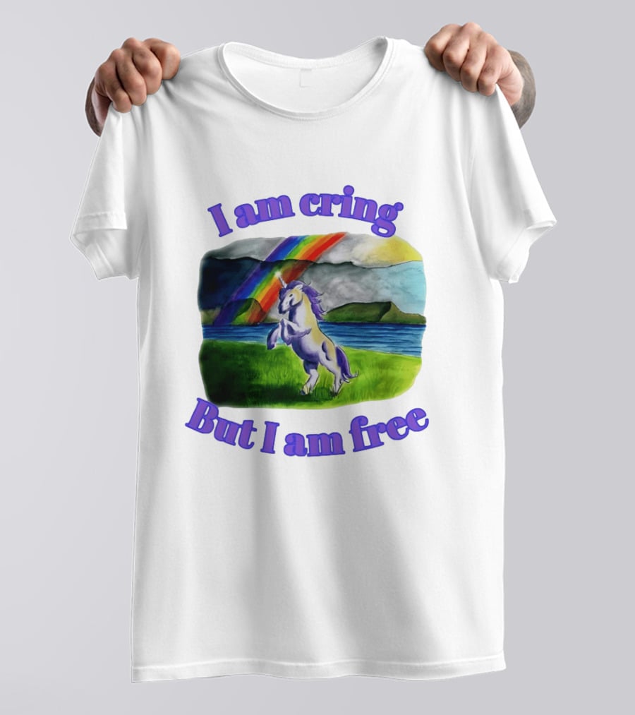 Unicorn I Am Cringe But I Am Free Rainbow Meadow T-Shirt