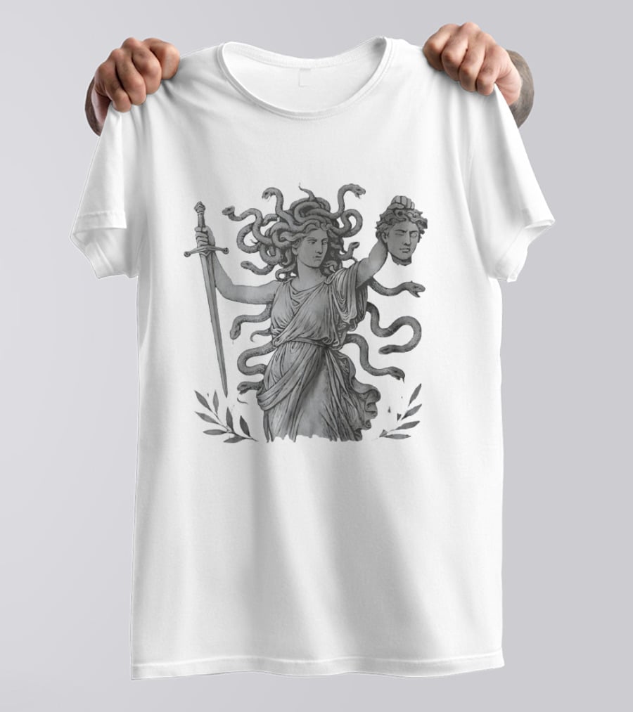 Medusa Holding Sword And Michael Head With Serpent Hair T-Shirt