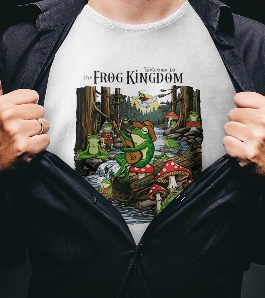 Frog Playing Guitar Forest Gathering Welcome To The Frog Kingdom T-Shirt