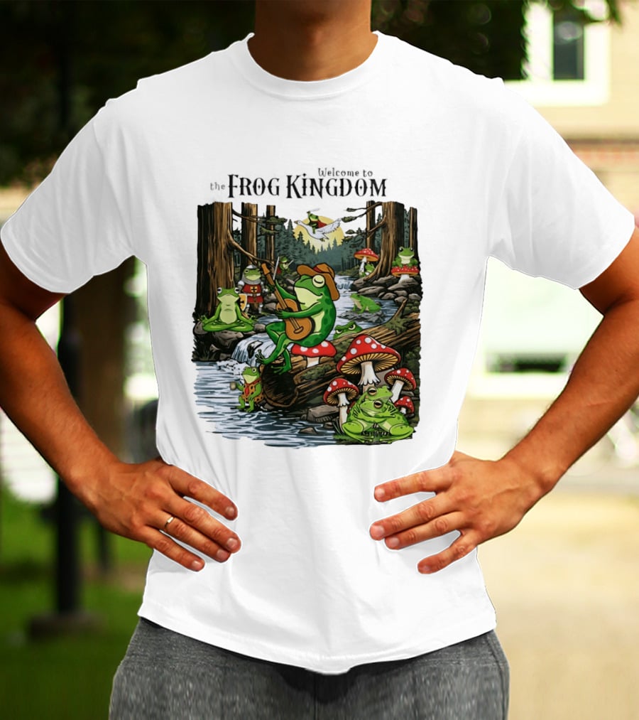 Frog Playing Guitar Forest Gathering Welcome To The Frog Kingdom T-Shirt