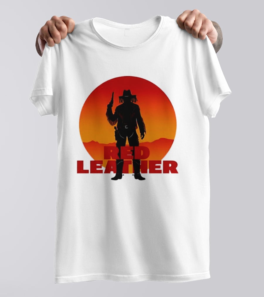 Red Leather Cowboy Sunset Silhouette With Gun And Hat In Desert T-Shirt