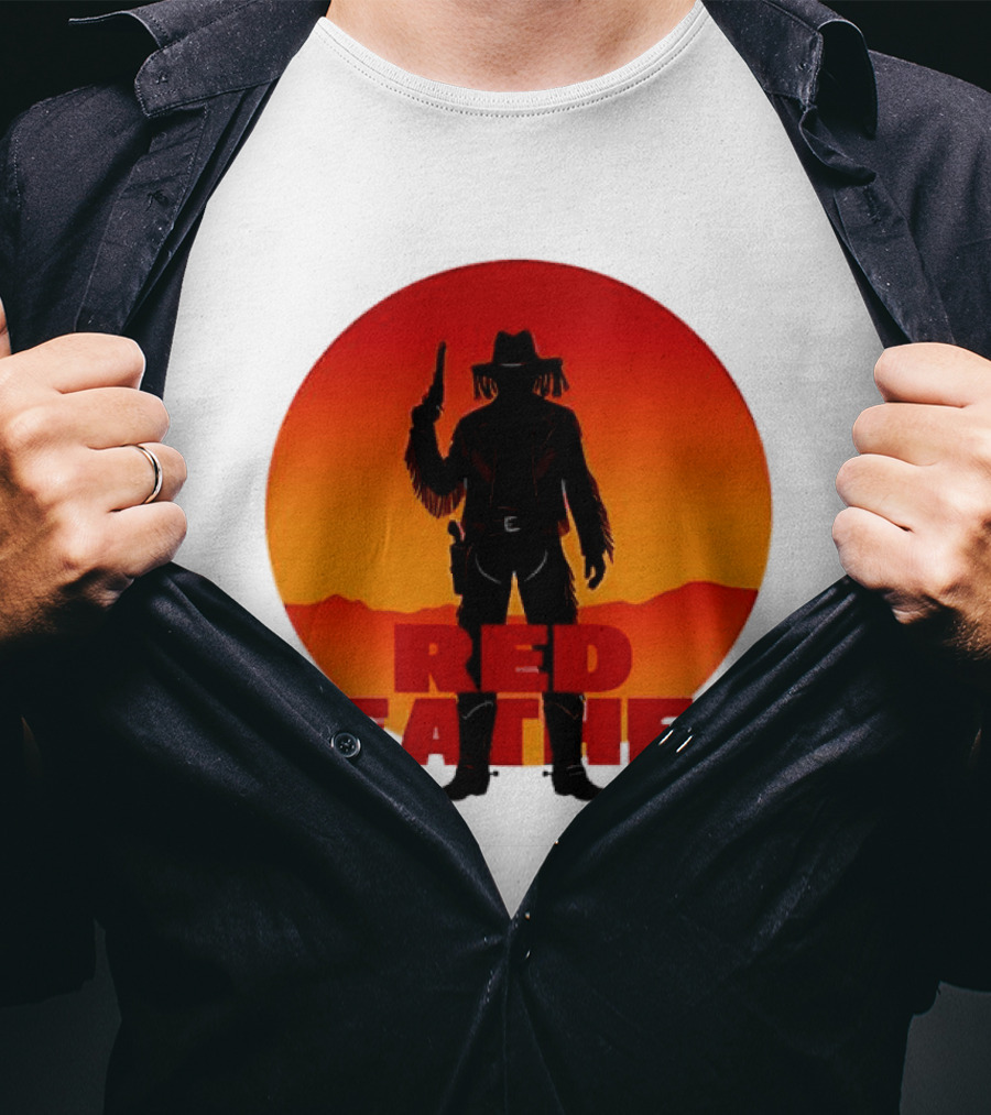 Red Leather Cowboy Sunset Silhouette With Gun And Hat In Desert T-Shirt