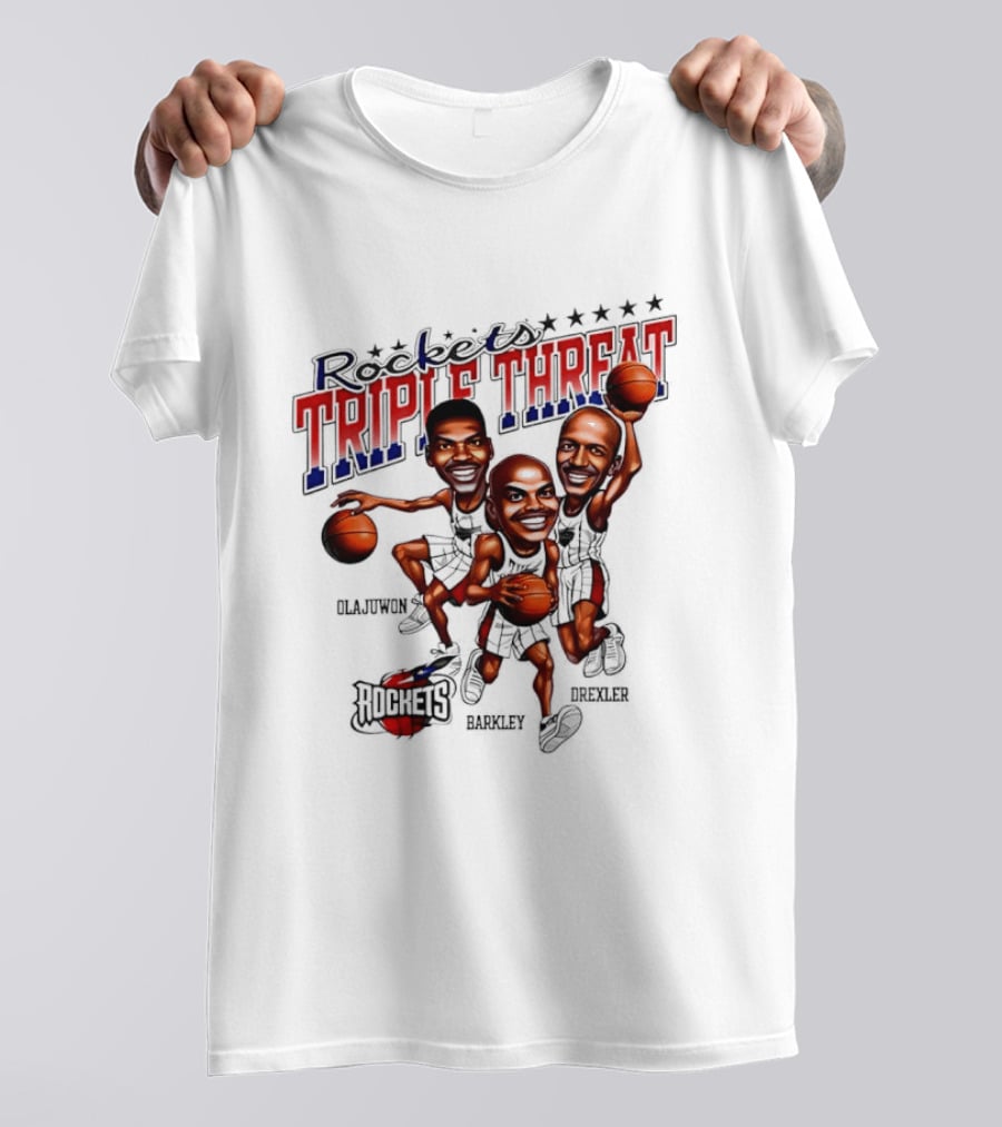 Hakeem Olajuwon Charles Barkley Clyde Drexler Rockets Triple Threat NBA Legends T-Shirt