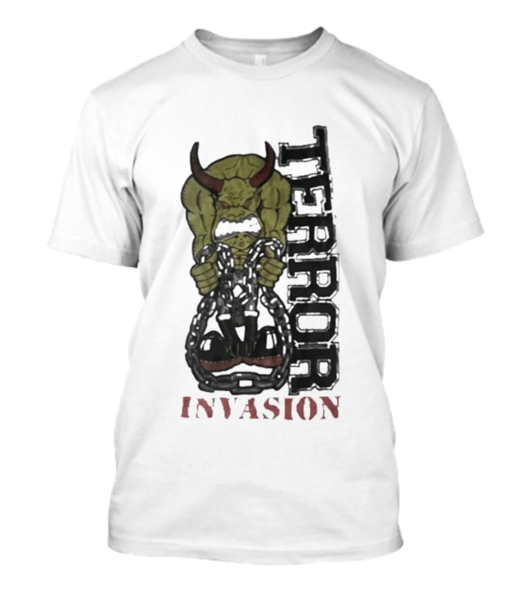 Terror Invasion Demon Holding Chains Warrior Monster T-Shirt