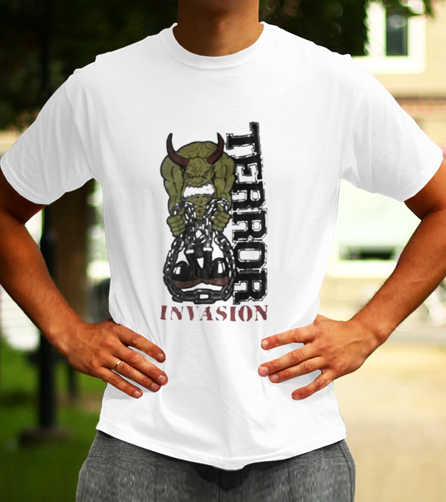Terror Invasion Demon Holding Chains Warrior Monster T-Shirt