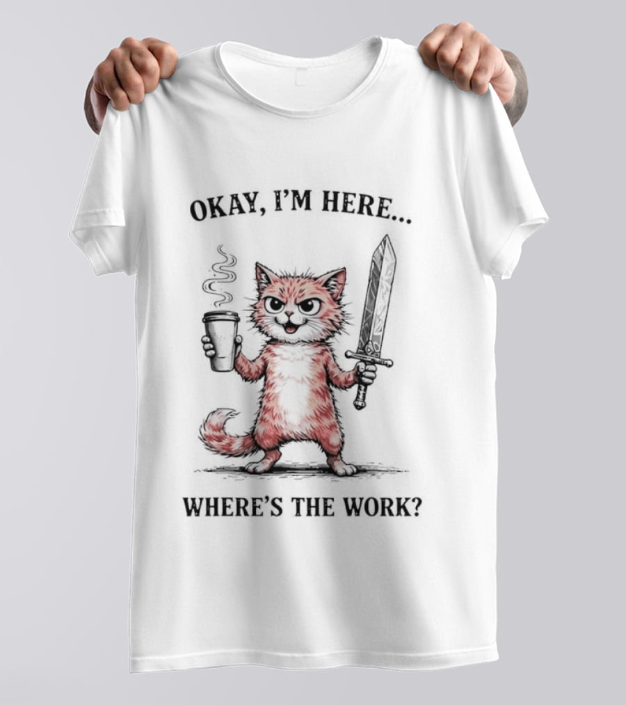 Okay I'm Here Where's The Work Cat Coffee Sword Meme T-Shirt