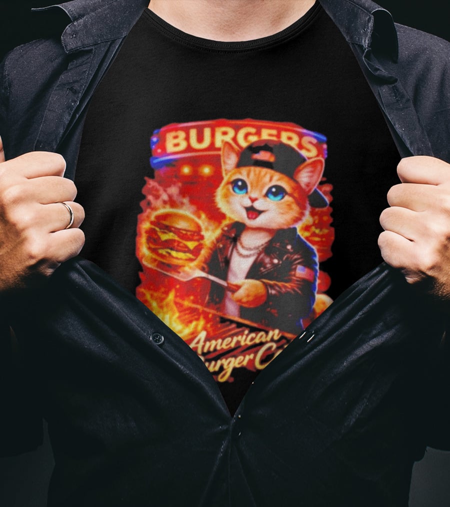 Burgers Flame Grilling American Burger Cat Fun T-Shirt