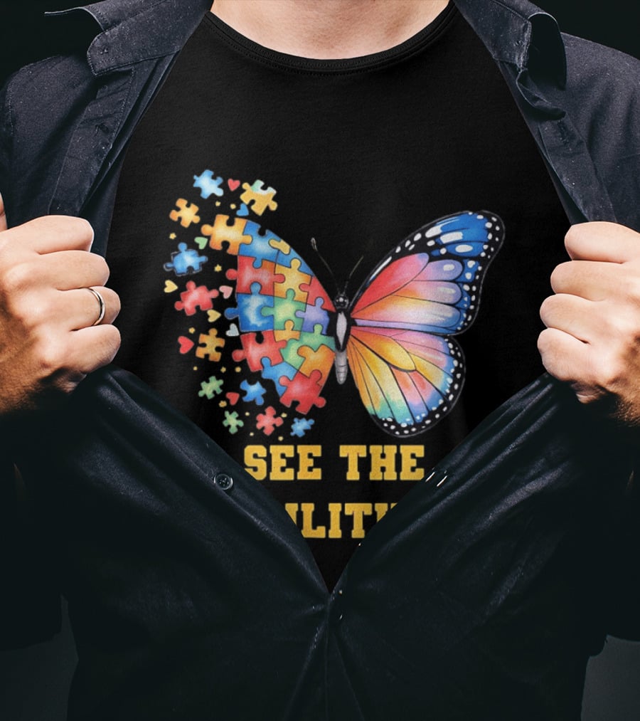 Butterfly Puzzle Pieces Autism Awareness See The Abilities T-Shirt