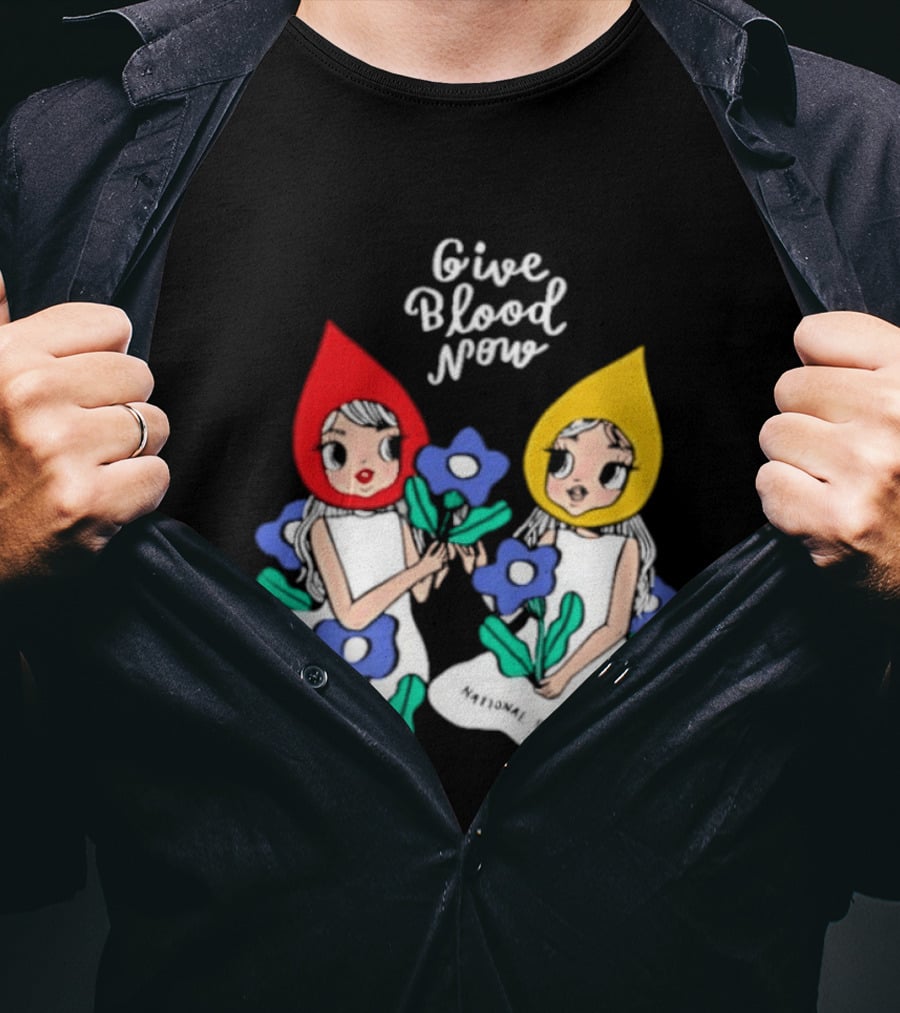 Give Blood Now National Blood Centre Cartoon Girls With Flowers T-Shirt