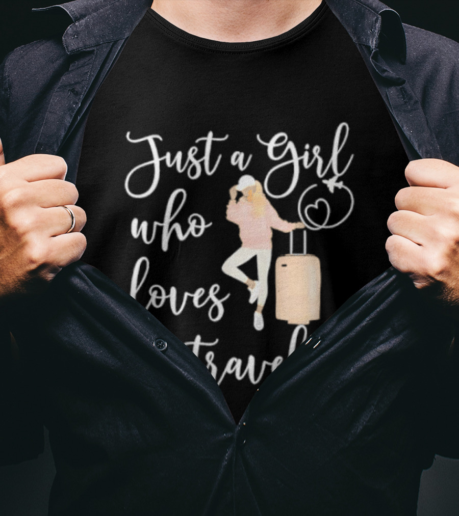 Just A Girl Who Loves To Travel With Pink Luggage And Heart T-Shirt