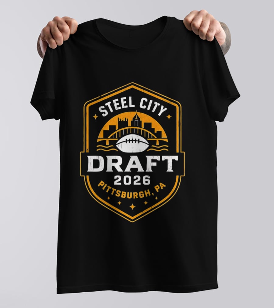 Steel City Draft 2026 Pittsburgh PA Football Shield Badge With City Skyline And Bridge T-Shirt