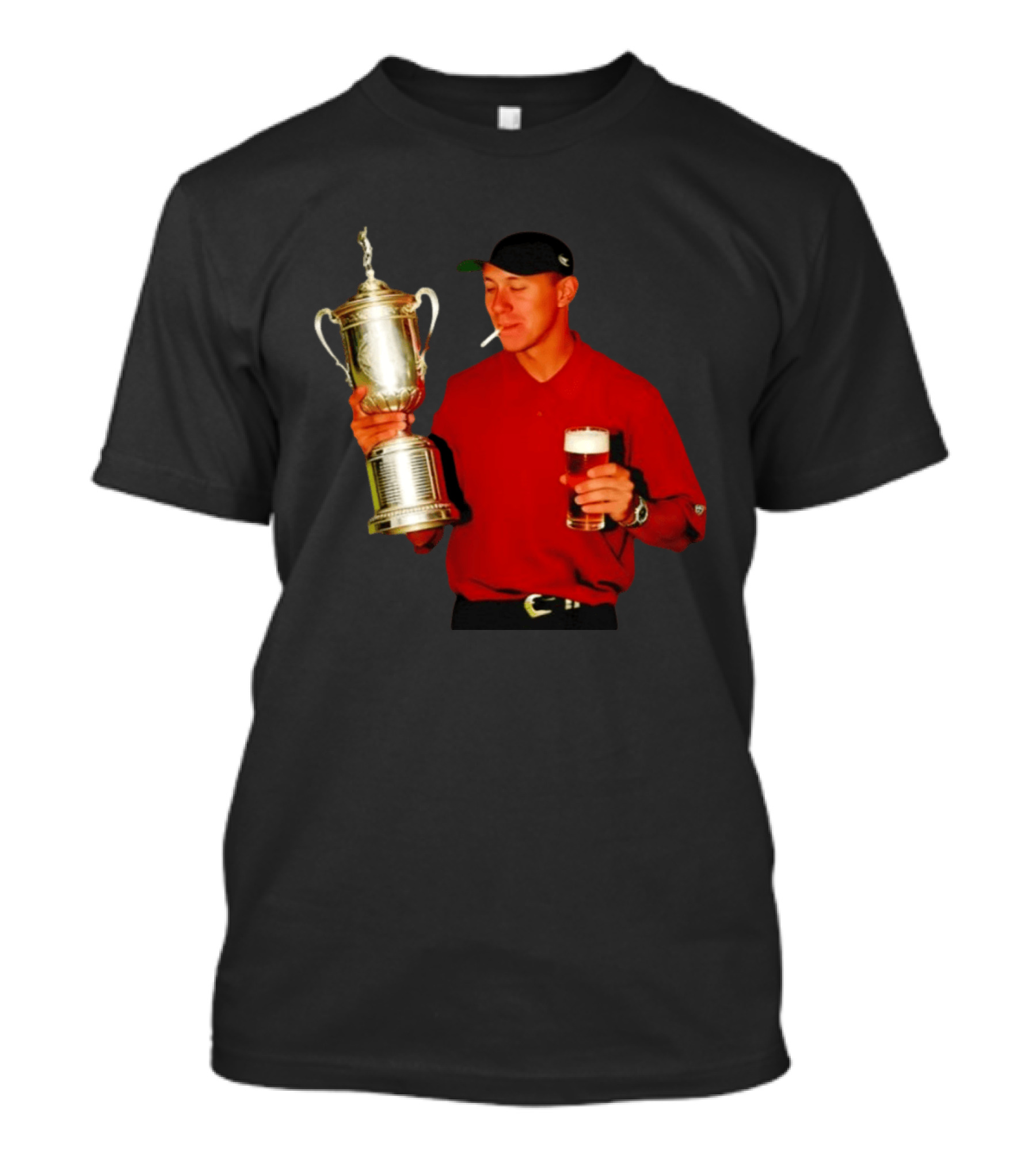 Tiger Woods Holding US Open Trophy With Cigarette And Drink In Hand T-Shirt