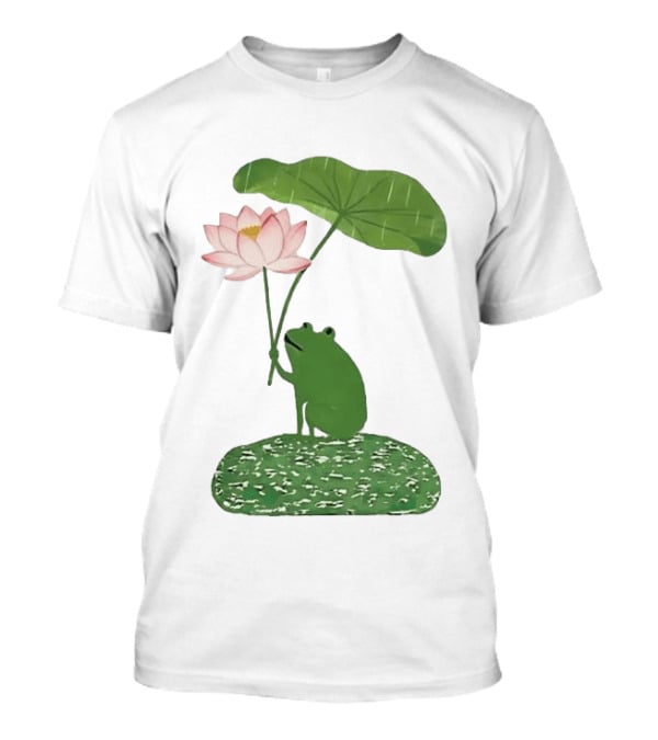 Frog With Lotus Umbrella Under The Rain Meme Cute Nature Scene T-Shirt
