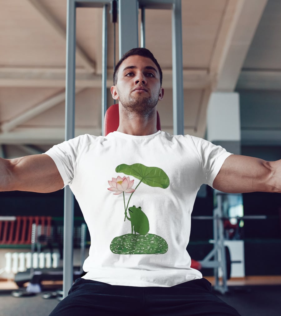 Frog With Lotus Umbrella Under The Rain Meme Cute Nature Scene T-Shirt