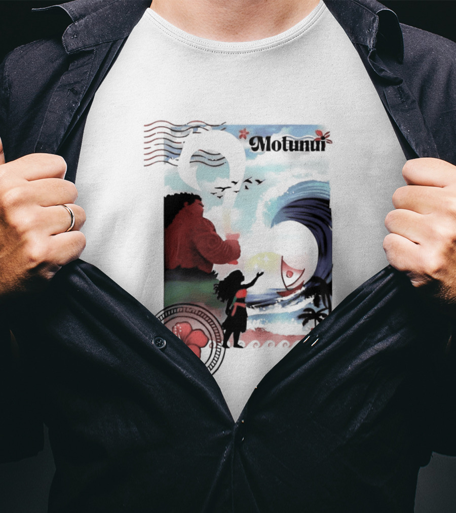 Motunui Postage Stamp Ocean Wave Hibiscus Blossom T-Shirt