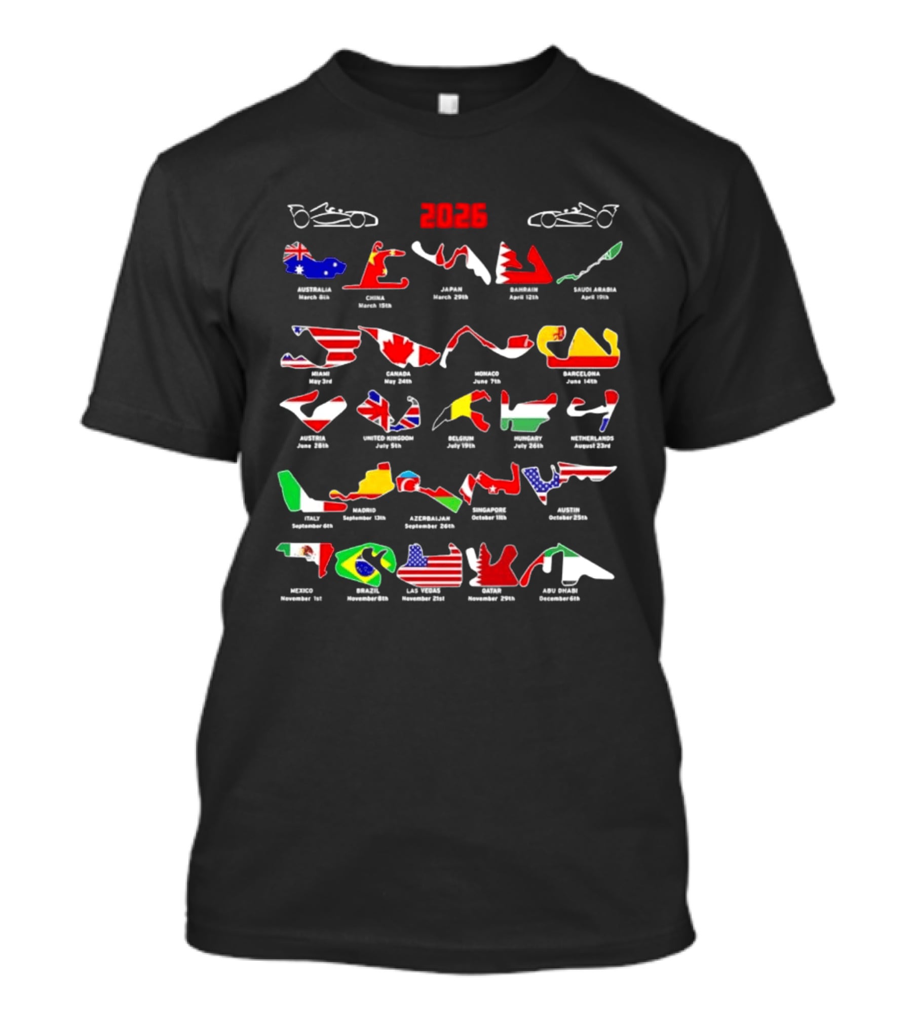 Formula Racing 2026 Circuit Map With International Flags And Track Layouts T-Shirt