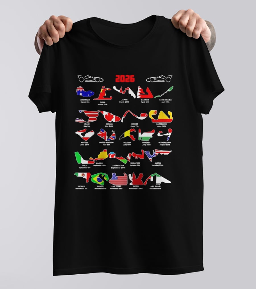 Formula Racing 2026 Circuit Map With International Flags And Track Layouts T-Shirt