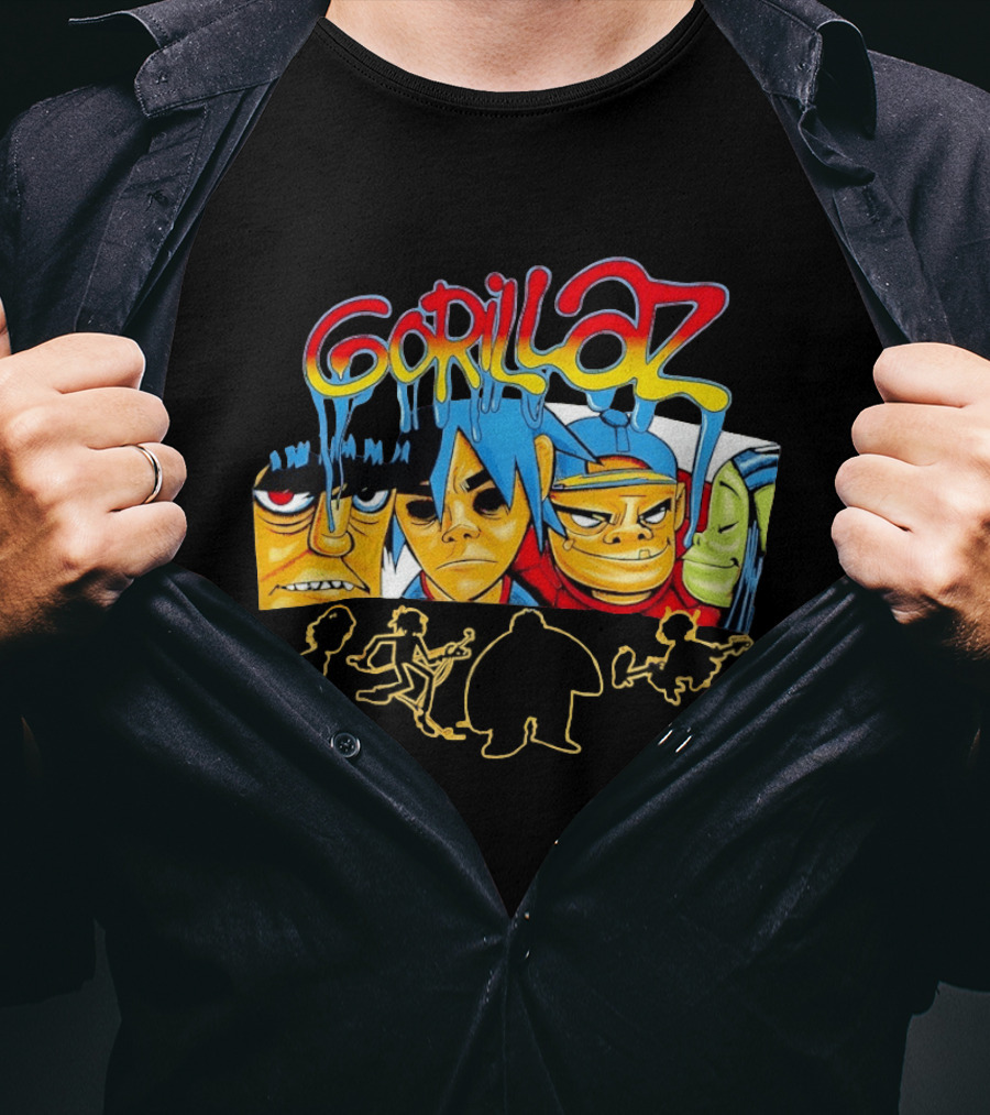 Gorillaz Band Characters Face Art And Silhouette Outlines T-Shirt