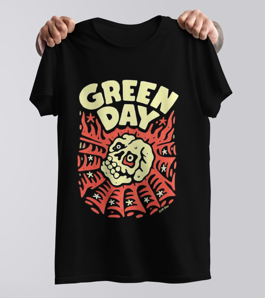 Green Day Skull Spider Red And Cream T-Shirt