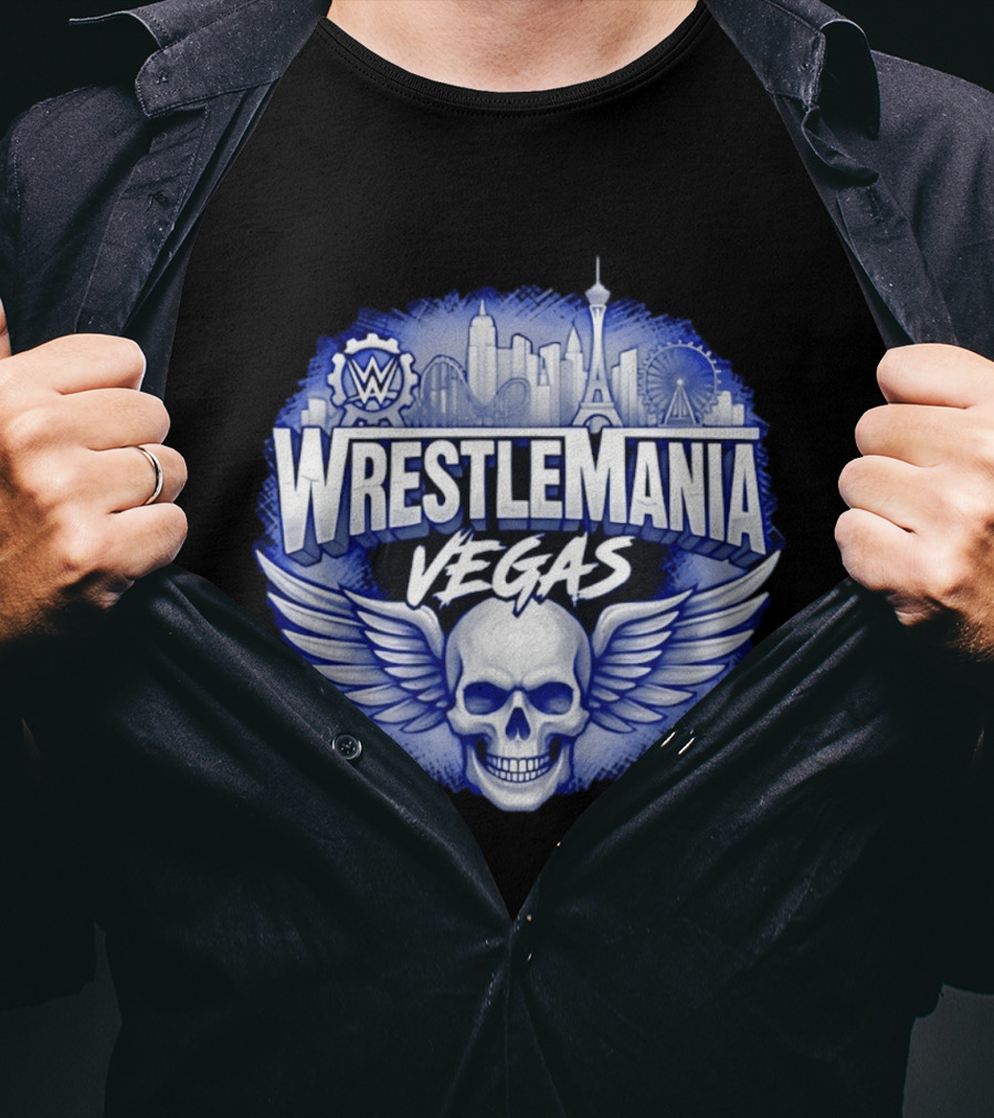 Cody Rhodes WWE Wrestlemania Vegas 42 Skull Wings Skyline T-Shirt